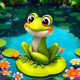 A charming side view of a cartoon frog sitting on a lily pad