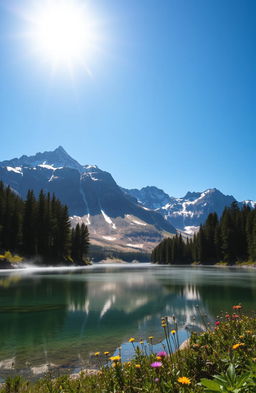 A serene mountain landscape during sunrise, featuring majestic snow-capped peaks under a bright blue sky, with the first rays of sunlight casting a golden hue over the mountains
