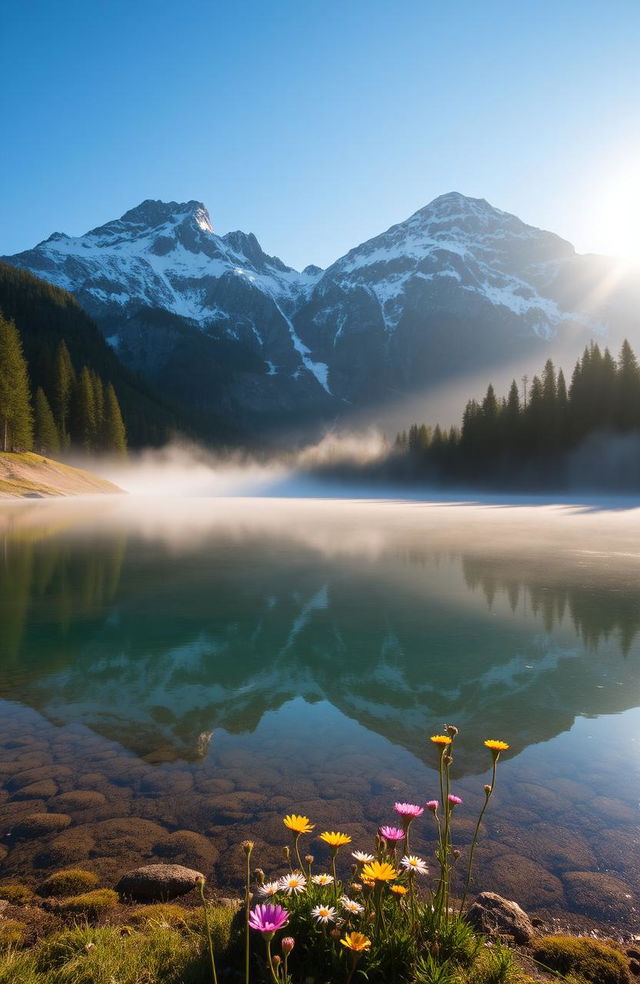 A serene mountain landscape during sunrise, featuring majestic snow-capped peaks under a bright blue sky, with the first rays of sunlight casting a golden hue over the mountains