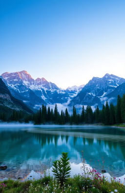A serene mountain landscape during sunrise, featuring majestic snow-capped peaks under a bright blue sky, with the first rays of sunlight casting a golden hue over the mountains