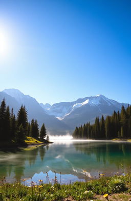 A serene mountain landscape during sunrise, featuring majestic snow-capped peaks under a bright blue sky, with the first rays of sunlight casting a golden hue over the mountains