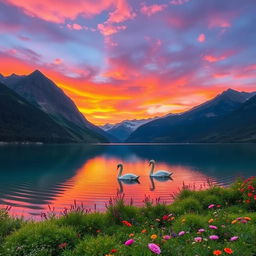 Please describe a serene landscape featuring a calm lake surrounded by majestic mountains during sunset