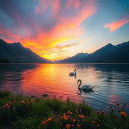 Please describe a serene landscape featuring a calm lake surrounded by majestic mountains during sunset