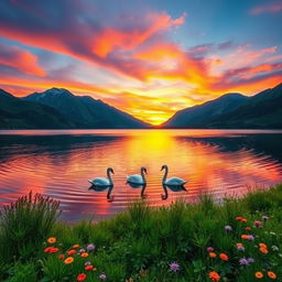 Please describe a serene landscape featuring a calm lake surrounded by majestic mountains during sunset