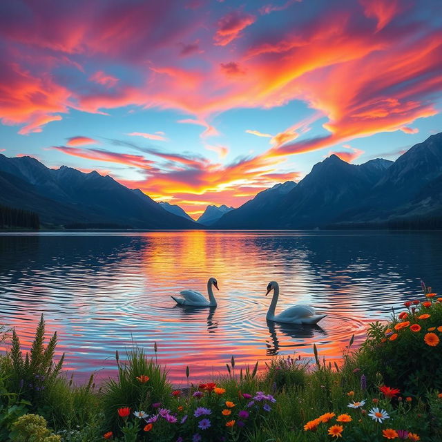 Please describe a serene landscape featuring a calm lake surrounded by majestic mountains during sunset