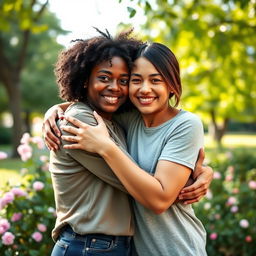 A warm and tender scene of two adults hugging each other in a serene outdoor setting