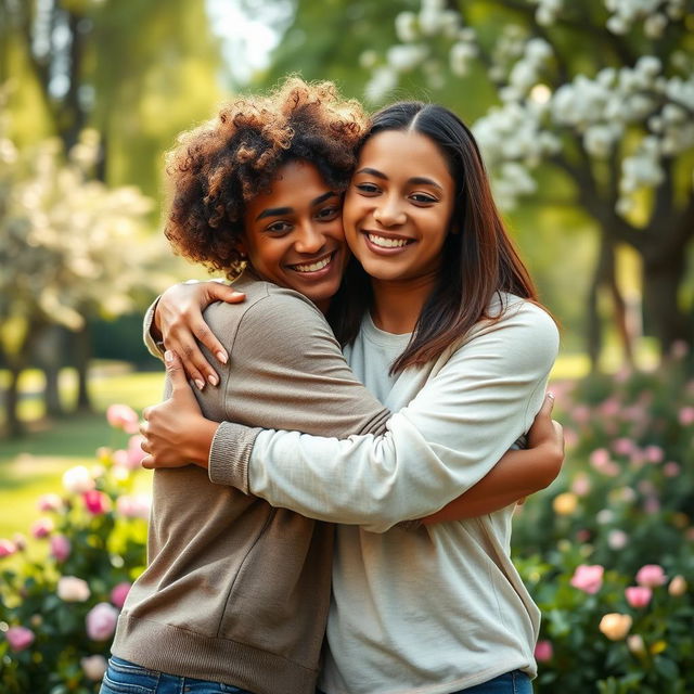 A warm and tender scene of two adults hugging each other in a serene outdoor setting