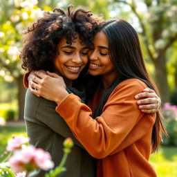 A warm and tender scene of two adults hugging each other in a serene outdoor setting