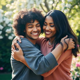 A warm and tender scene of two adults hugging each other in a serene outdoor setting