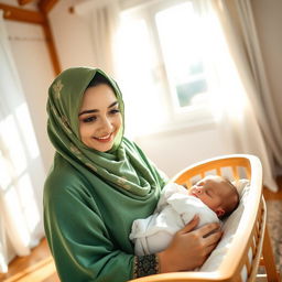 A young mother wearing traditional Lor clothing with a green floral scarf covering her hair and fully veiled, has brown eyes and is gently rocking a wooden cradle of her sleeping newborn in a bright, sunny room