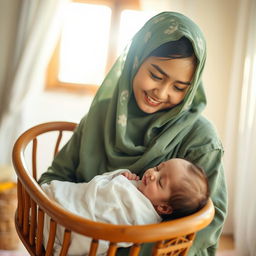 A young mother wearing traditional Lor clothing with a green floral scarf covering her hair and fully veiled, has brown eyes and is gently rocking a wooden cradle of her sleeping newborn in a bright, sunny room