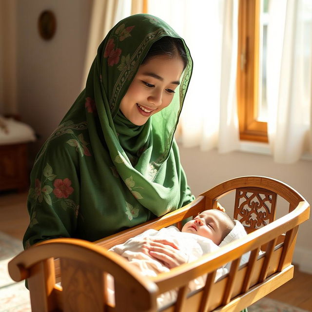 A young mother wearing traditional Lor clothing with a green floral scarf covering her hair and fully veiled, has brown eyes and is gently rocking a wooden cradle of her sleeping newborn in a bright, sunny room