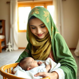 A young mother wearing traditional Lor clothing with a green floral scarf covering her hair and fully veiled, has brown eyes and is gently rocking a wooden cradle of her sleeping newborn in a bright, sunny room