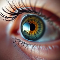 A close-up of a large, expressive eye, featuring intricate details like vibrant colors, reflections, and the texture of the eyelid and eyelashes