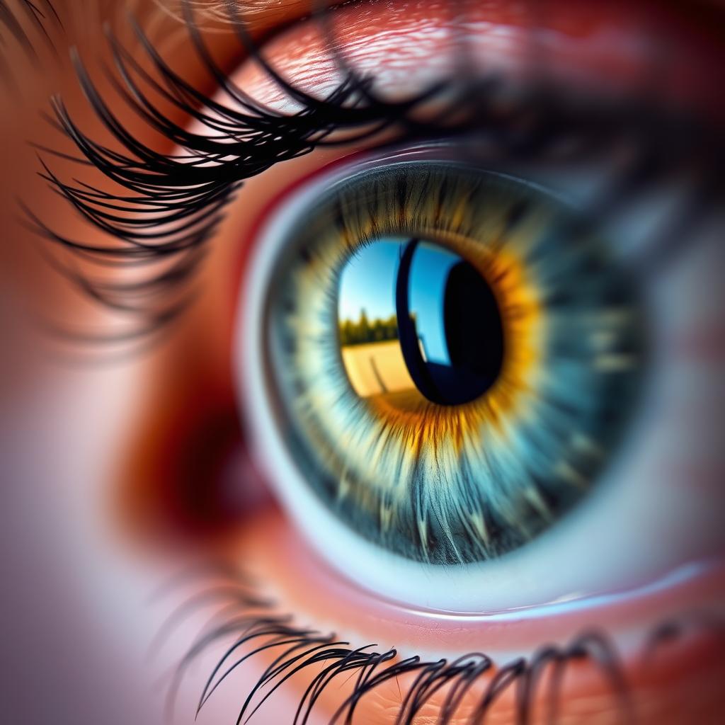 A close-up of a large, expressive eye, featuring intricate details like vibrant colors, reflections, and the texture of the eyelid and eyelashes