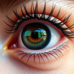 A close-up of a large, expressive eye, featuring intricate details like vibrant colors, reflections, and the texture of the eyelid and eyelashes