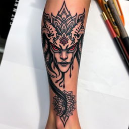 A tattoo design featuring Medusa, merging with mandala elements