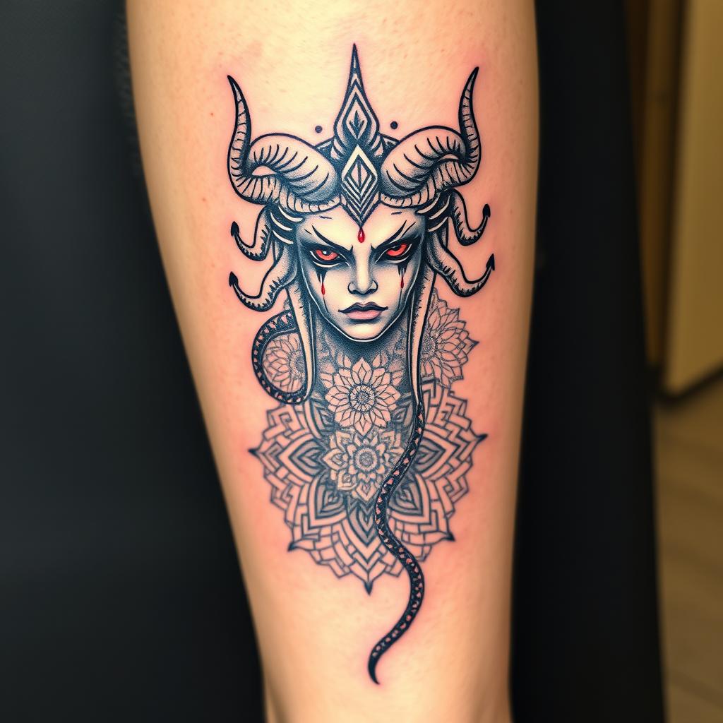 A tattoo design featuring Medusa, merging with mandala elements