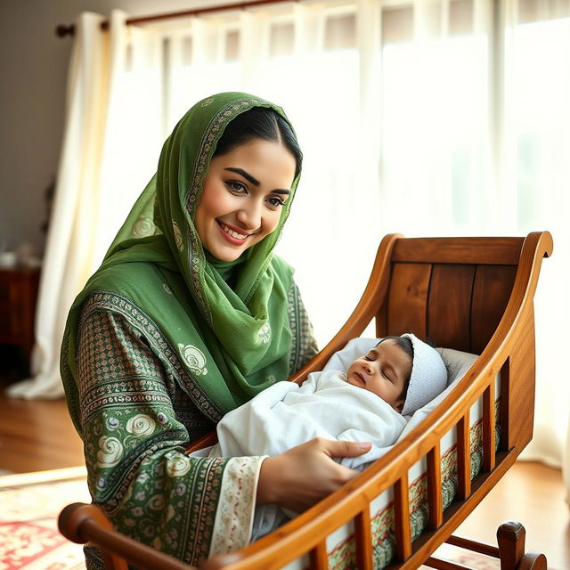 A young mother dressed in traditional Lori clothing with a green floral scarf and full hijab, covering her hair, with brown eyes, gently rocking a wooden cradle holding her sleeping newborn in a bright, sunny room