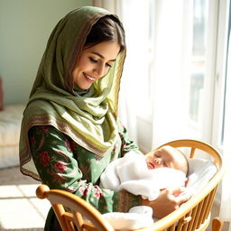 A young mother dressed in traditional Lori clothing with a green floral scarf and full hijab, covering her hair, with brown eyes, gently rocking a wooden cradle holding her sleeping newborn in a bright, sunny room