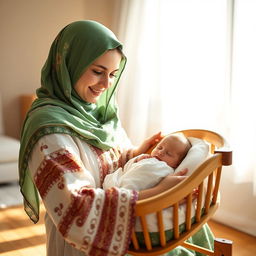 A young mother dressed in traditional Lori clothing with a green floral scarf and full hijab, covering her hair, with brown eyes, gently rocking a wooden cradle holding her sleeping newborn in a bright, sunny room