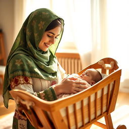 A young mother dressed in traditional Lori clothing with a green floral scarf and full hijab, covering her hair, with brown eyes, gently rocking a wooden cradle holding her sleeping newborn in a bright, sunny room
