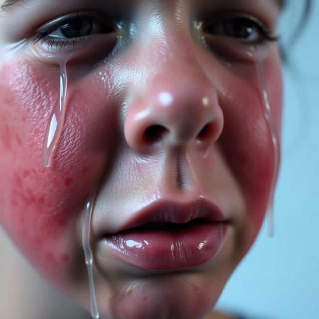 A close-up of a crying face, featuring tears streaming down the cheeks