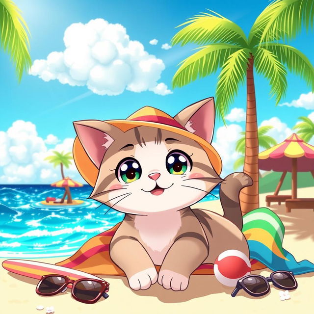 A cute anime-style cat lounging on a sunny beach, surrounded by palm trees and colorful beach towels