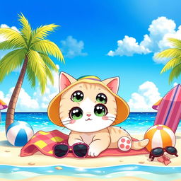 A cute anime-style cat lounging on a sunny beach, surrounded by palm trees and colorful beach towels