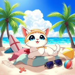 A cute anime-style cat lounging on a sunny beach, surrounded by palm trees and colorful beach towels
