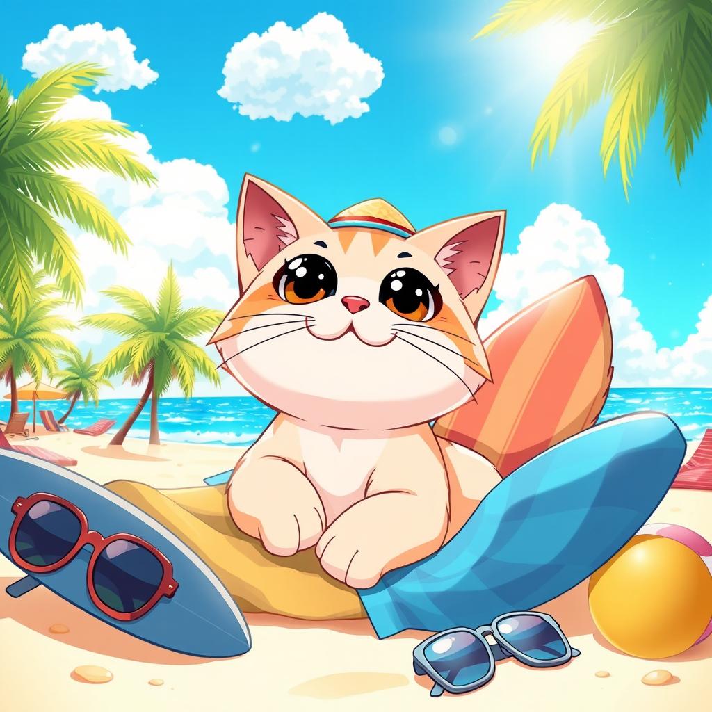 A cute anime-style cat lounging on a sunny beach, surrounded by palm trees and colorful beach towels