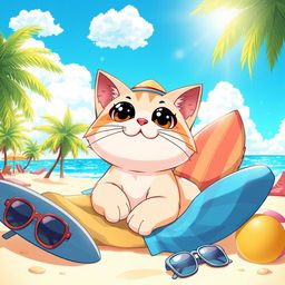 A cute anime-style cat lounging on a sunny beach, surrounded by palm trees and colorful beach towels