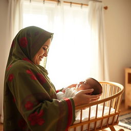 A young mother wearing traditional Lari clothing with a floral green and red scarf, fully covered with her hijab, revealing her brown eyes, gently rocking a wooden cradle of her newborn in a bright and sunny room while gazing affectionately at her child