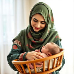 A young mother wearing traditional Lari clothing with a floral green and red scarf, fully covered with her hijab, revealing her brown eyes, gently rocking a wooden cradle of her newborn in a bright and sunny room while gazing affectionately at her child