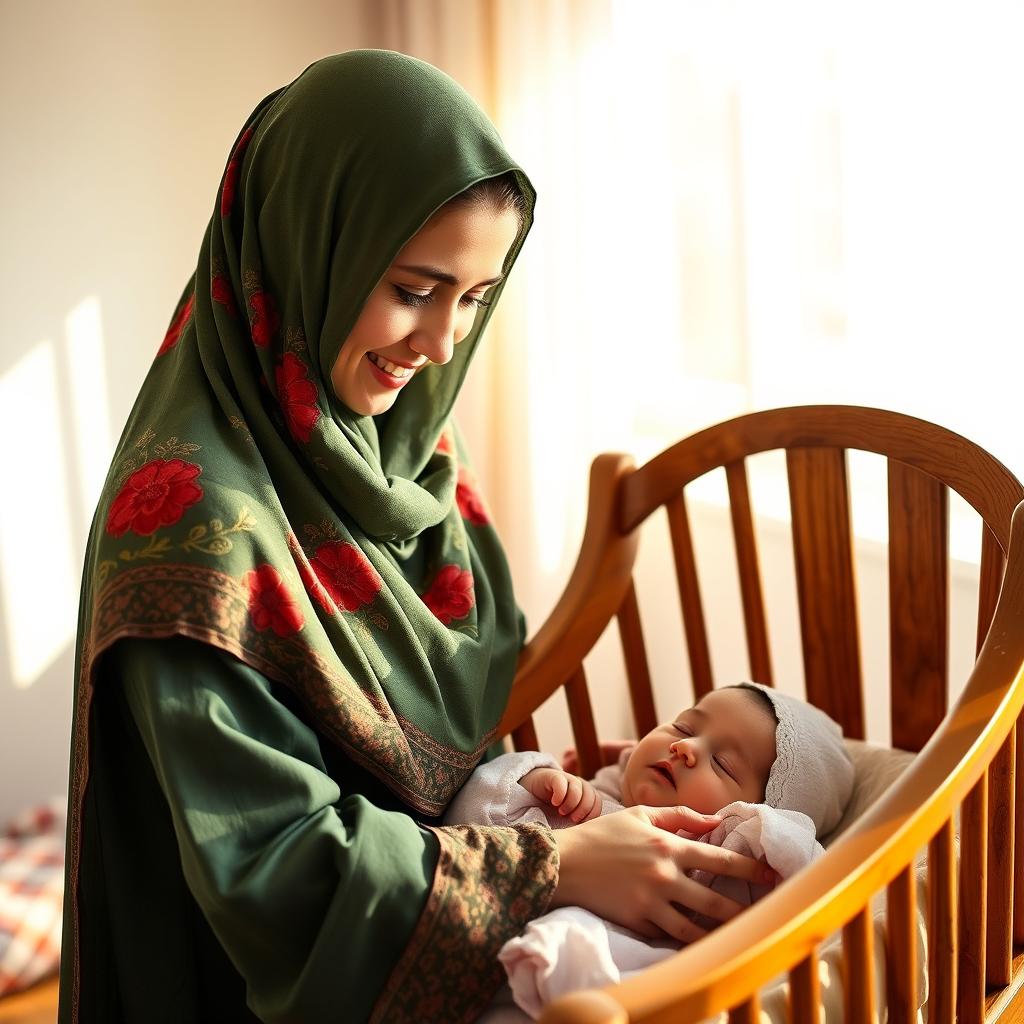 A young mother wearing traditional Lari clothing with a floral green and red scarf, fully covered with her hijab, revealing her brown eyes, gently rocking a wooden cradle of her newborn in a bright and sunny room while gazing affectionately at her child