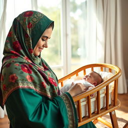 A young mother wearing traditional Lari clothing with a floral green and red scarf, fully covered with her hijab, revealing her brown eyes, gently rocking a wooden cradle of her newborn in a bright and sunny room while gazing affectionately at her child