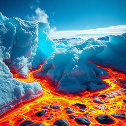 A stunning and surreal landscape depicting frozen ice that appears to be flowing like lava