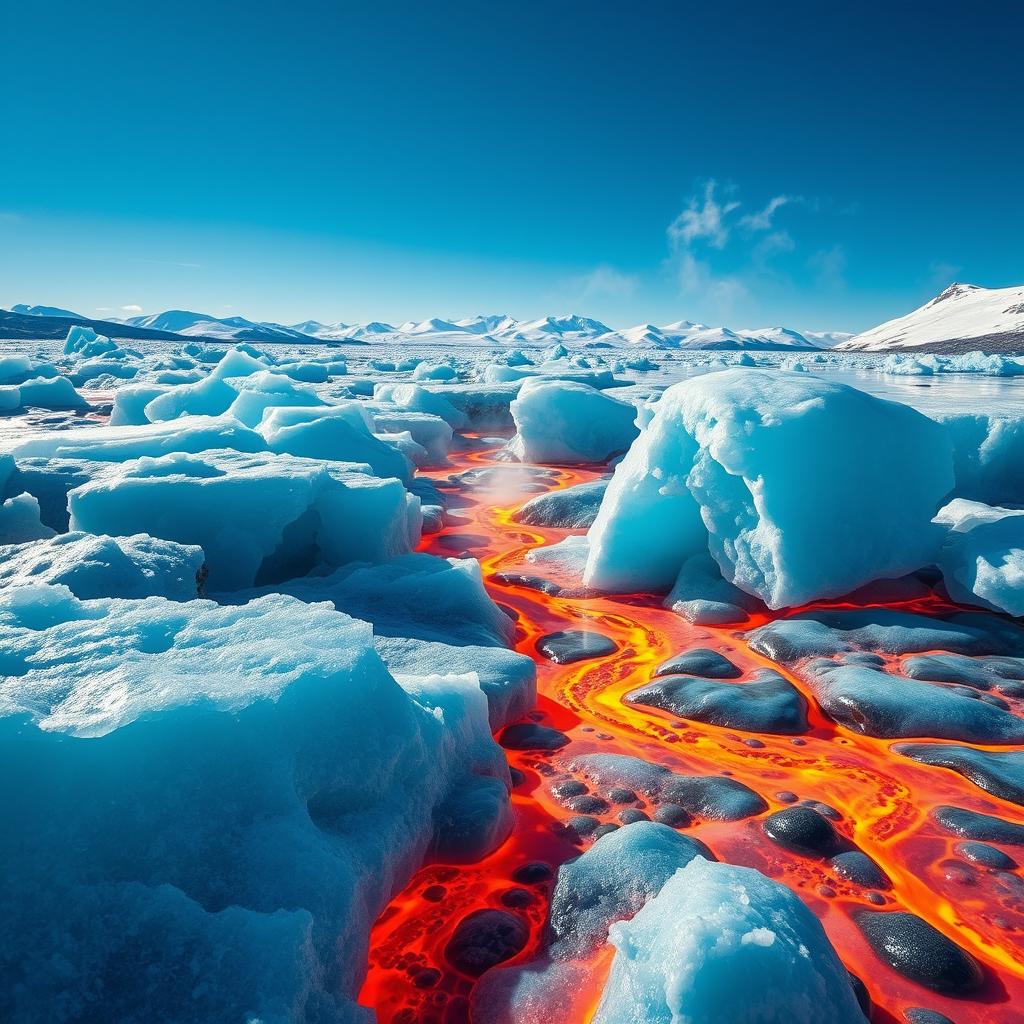 A stunning and surreal landscape depicting frozen ice that appears to be flowing like lava