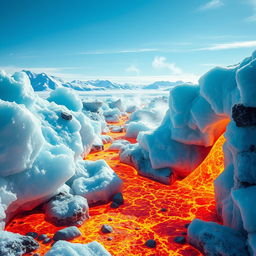 A stunning and surreal landscape depicting frozen ice that appears to be flowing like lava