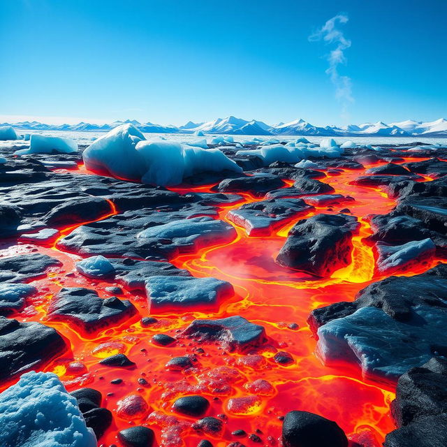 A stunning and surreal landscape depicting frozen ice that appears to be flowing like lava