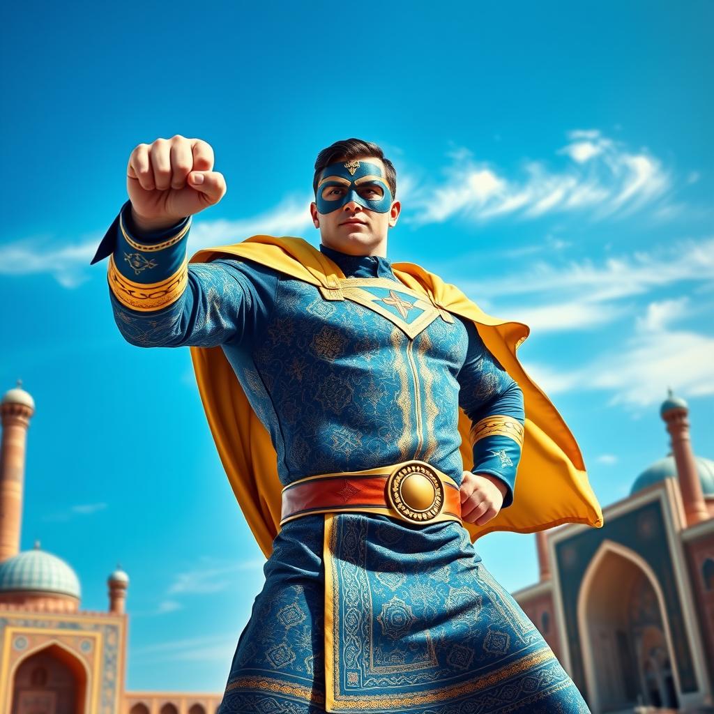 A heroic and dynamic depiction of Captain Uzbekistan, a fictional superhero who embodies the spirit and culture of Uzbekistan