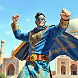 A heroic and dynamic depiction of Captain Uzbekistan, a fictional superhero who embodies the spirit and culture of Uzbekistan