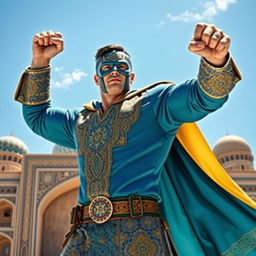 A heroic and dynamic depiction of Captain Uzbekistan, a fictional superhero who embodies the spirit and culture of Uzbekistan