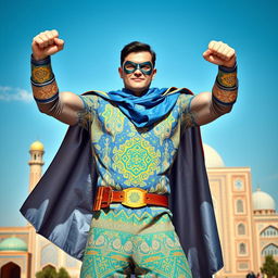 A heroic and dynamic depiction of Captain Uzbekistan, a fictional superhero who embodies the spirit and culture of Uzbekistan