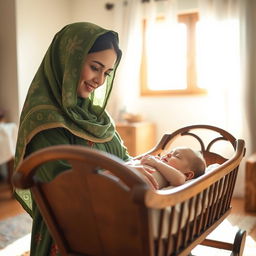 A young mother wearing traditional Lori clothing with a green floral scarf, fully covering her hair, has brown eyes and a kind smile