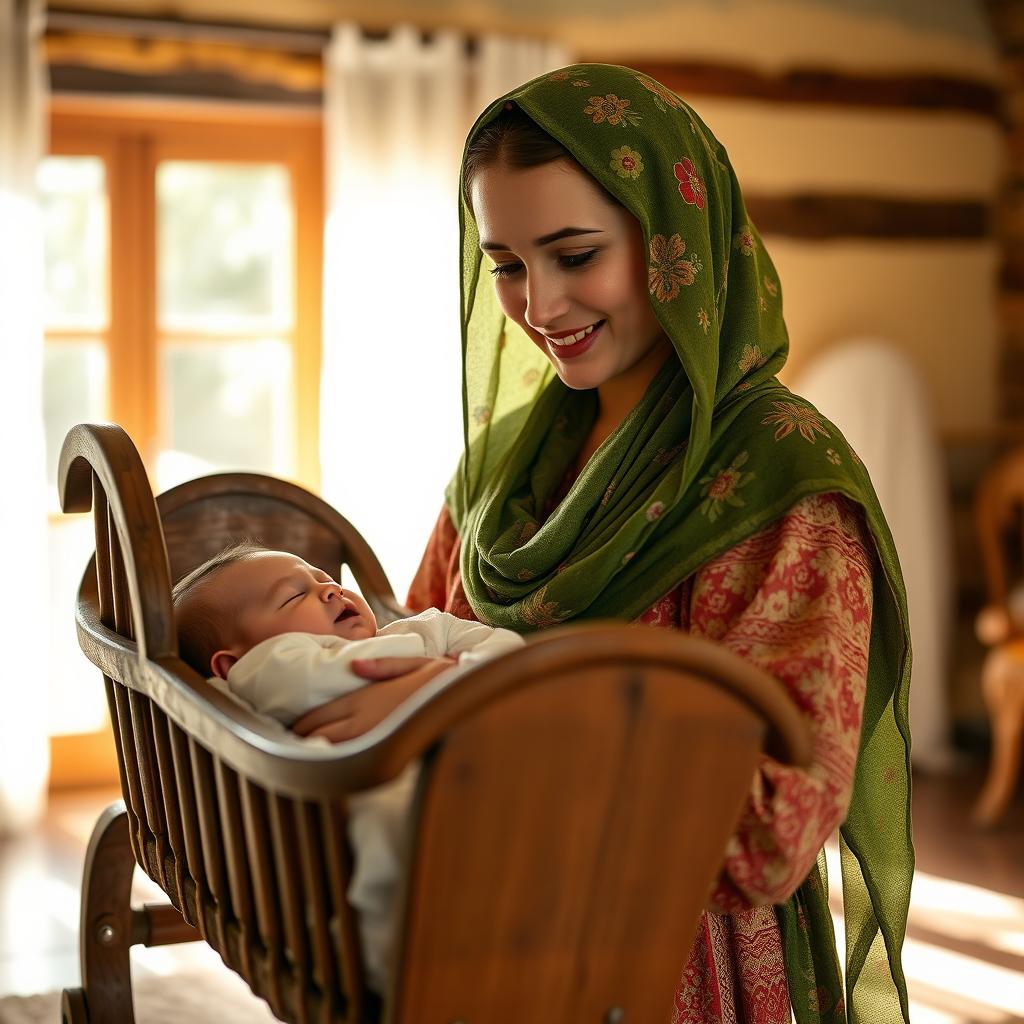 A young mother wearing traditional Lori clothing with a green floral scarf, fully covering her hair, has brown eyes and a kind smile