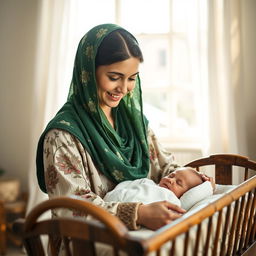 A young mother wearing traditional Lori clothing with a green floral scarf, fully covering her hair, has brown eyes and a kind smile