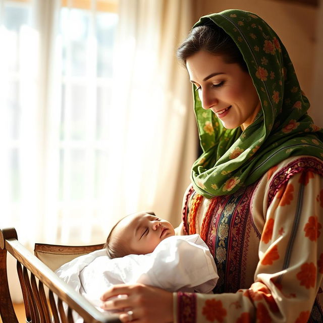 A young mother wearing traditional Lori clothing with a green floral scarf, fully covering her hair, has brown eyes and a kind smile