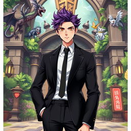 A tall male with shaggy purple hair and striking orange eyes, dressed in a sleek black blazer and a perfectly tied black tie, standing confidently in front of a grand entrance of a monster academy