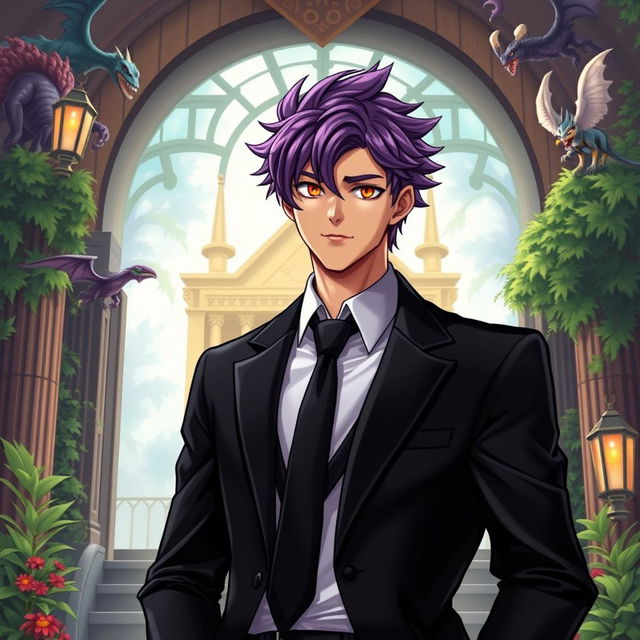 A tall male with shaggy purple hair and striking orange eyes, dressed in a sleek black blazer and a perfectly tied black tie, standing confidently in front of a grand entrance of a monster academy